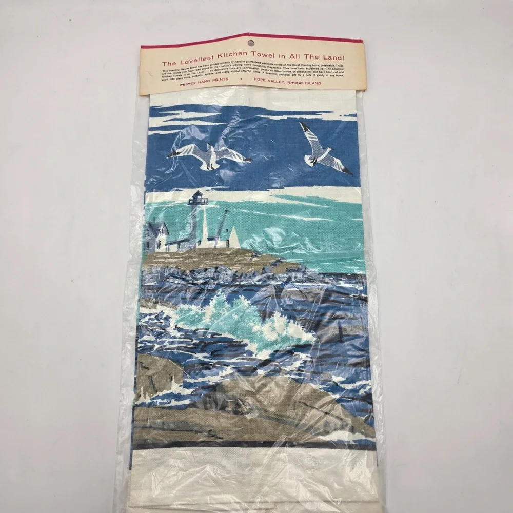 Kitchen Towel Vintage MCM Coastal Blue Sailboat Lighthouse Beach Decor NOS